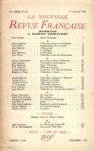 La Nouvelle Revue Française (1908-1943) N° 274 juillet 1936 Hommage à Albert Thibaudet