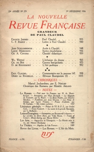 La Nouvelle Revue Française (1908-1943) N° 279 décembre 1936