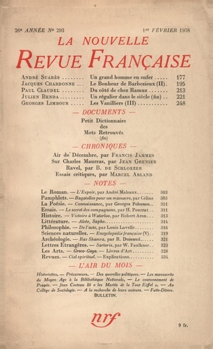 La Nouvelle Revue Française (1908-1943) N° 293 février 1938