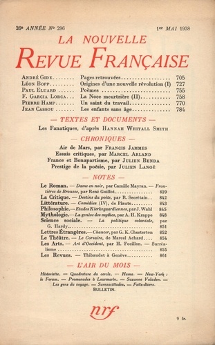 La Nouvelle Revue Française (1908-1943) N° 296 mai 1938