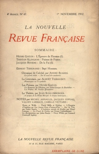 La Nouvelle Revue Française (1908-1943) N° 47 novembre 1912