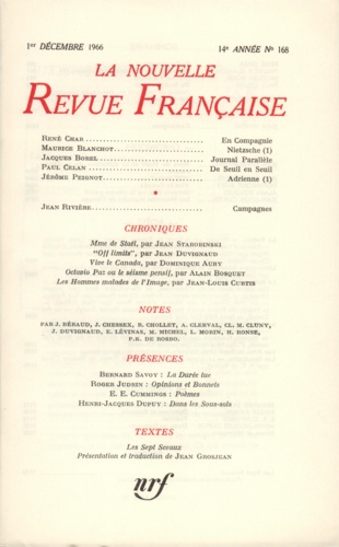 La Nouvelle Revue Française N° 168 décembre 1966