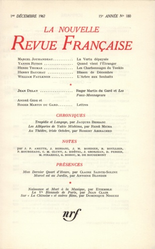 La Nouvelle Revue Française N° 180 décembre 1967