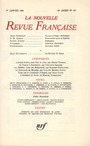 La Nouvelle Revue Française N° 181 janvier 1968