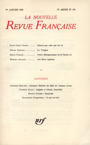 La Nouvelle Revue Française N° 193 janvier 1969