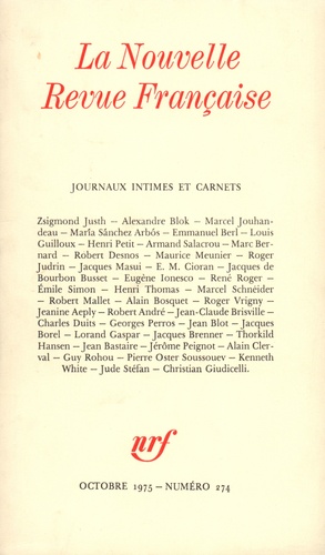 La Nouvelle Revue Française N° 274 (octobre 1975 Journaux intimes