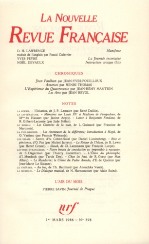 La Nouvelle Revue Française N° 398, mars 1986