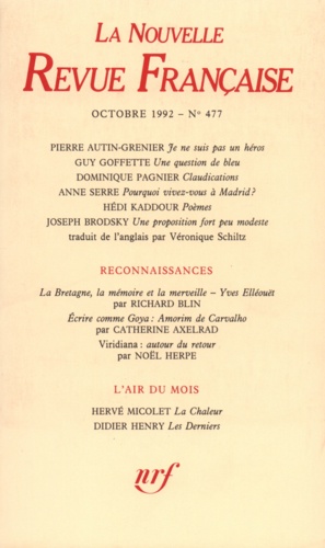 La Nouvelle Revue Française N° 477, octobre 1992