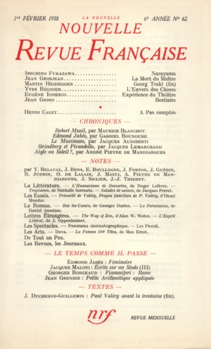 La Nouvelle Revue Française N° 62, février 1958