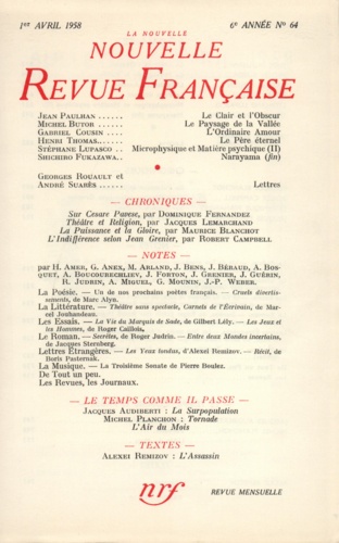 La Nouvelle Revue Française N° 64 avril 1958