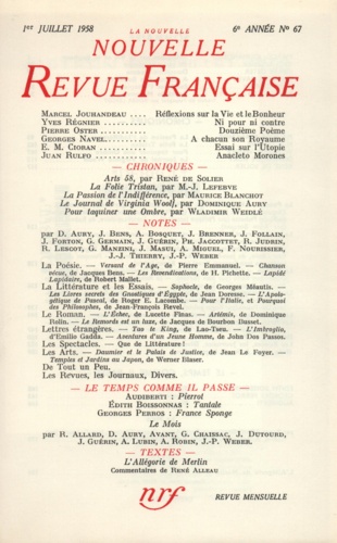 La Nouvelle Revue Française N° 67, juillet 1958