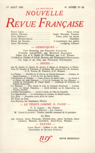 La Nouvelle Revue Française N° 68 août 1958
