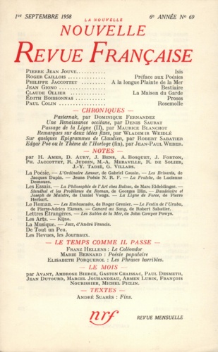 La Nouvelle Revue Française N° 69 septembre 1958
