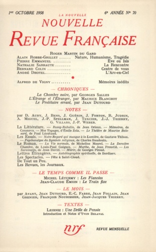 La Nouvelle Revue Française N° 70 octobre 1958