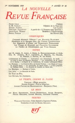 La Nouvelle Revue Française N° 83 novembre 1959