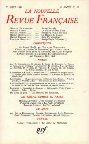 La Nouvelle Revue Française N° 92, aout 1960
