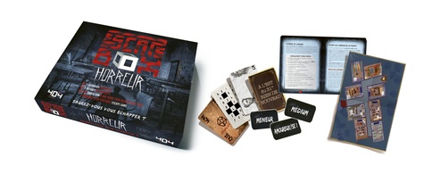 Escape Box Horreur. Contient : 3 livrets, 131 cartes, 1 bande-son de 60 minutes, 1 poster, 6 badges