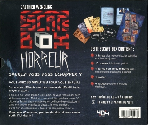 Escape Box Horreur. Contient : 3 livrets, 131 cartes, 1 bande-son de 60 minutes, 1 poster, 6 badges