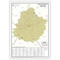  Geo Reflet - Carte administrative du département de la Sarthe - Poster Plastifié 70x100cm.