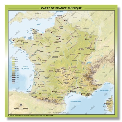 Geo reflet Editions - Carte de France Physique : Relief et Hydrographie - Affiche 100x100cm.