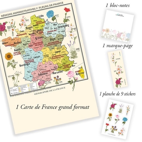 Geo reflet Editions - Carte de France Vintage - Régions administratives et fleurs de France - Affiche A1.