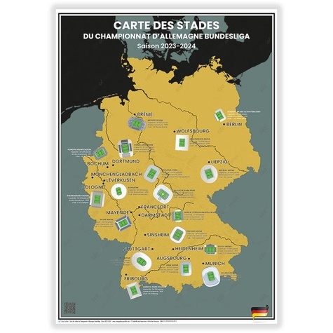 Geo reflet Editions - Carte des Stades de Foot du Championnat d’Allemagne Bundesliga : Saison 2023-2024 - Affiche 50x70cm.