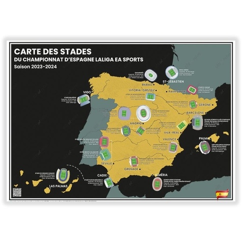 Geo reflet Editions - Carte des Stades de Foot du Championnat d’Espagne LaLiga EA Sports : Saison 2023-2024 - 50x70cm.