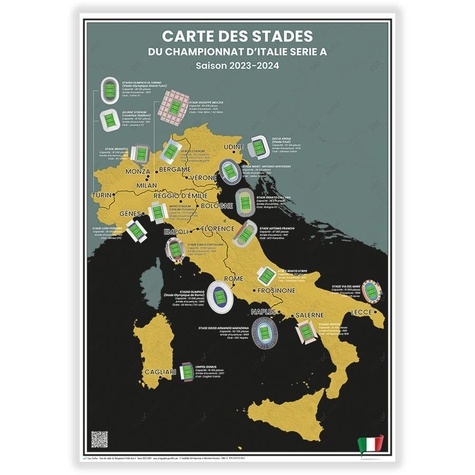 Geo reflet Editions - Carte des Stades de Foot du Championnat d’Italie Série A : Saison 2023-2024 -Affiche 50x70cm.