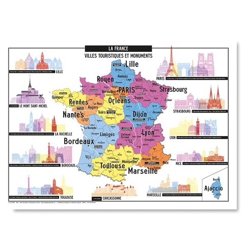 Geo reflet Editions - Carte des Villes touristiques et Monuments de France - Affiche 50x70cm.