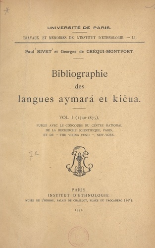Bibliographie des langues aymara et kičua (1). 1540-1875