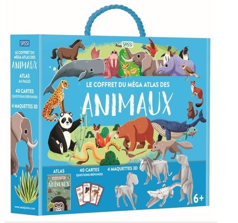 Le coffret du méga atlas des animaux. Contient 1 atlas de 64 pages, 40 cartes questions-réponses et 4 maquettes 3D