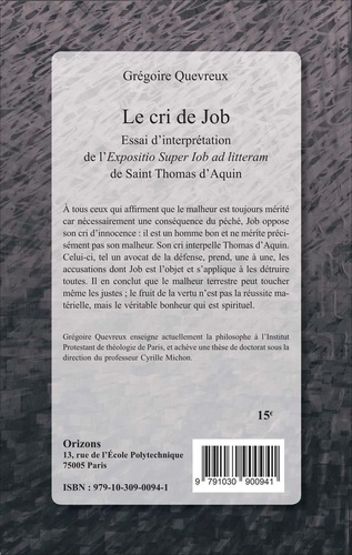 Le cri de Job. Essai d'interprétation de l'Exposition Super Iob Ad Litteram de Saint Thomas d'Aquin