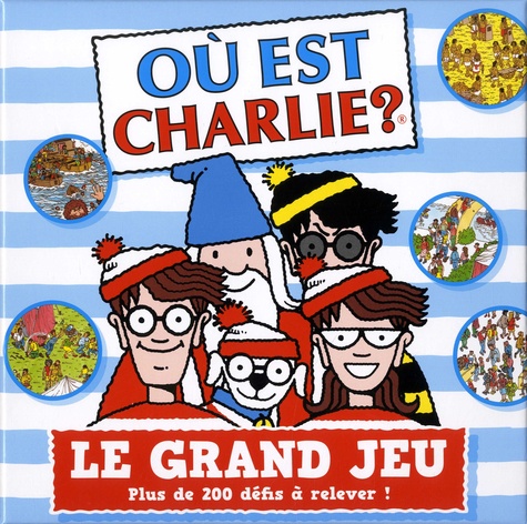 Où est Charlie ? Le grand jeu. Avec 1 grand plateau de jeu ; des pions-personnages et des pions-objets ; 1 dé ; 1 sablier ; 200 cartes défis ; 20 cartes-scènes à observer