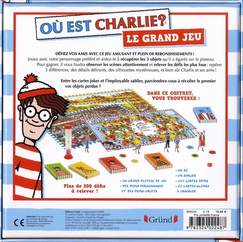 Où est Charlie ? Le grand jeu. Avec 1 grand plateau de jeu ; des pions-personnages et des pions-objets ; 1 dé ; 1 sablier ; 200 cartes défis ; 20 cartes-scènes à observer