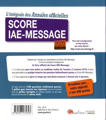L'intégrale des annales officielles Score IAE-Message  Edition 2020