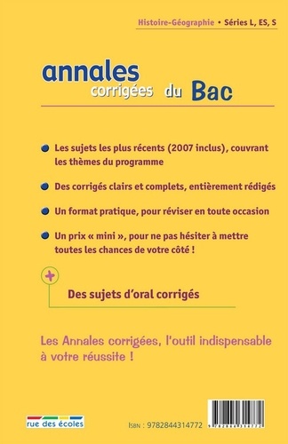 Histoire-Géo séries L, ES, S. Annales corrigées du Bac  Edition 2008