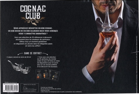 Coffret Cognac club. Contient : 2 pipes à alcool en verre de 50 ml et 1 livre