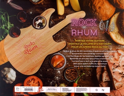 Coffret Apéro Rock'n Rhum. Avec 1 planche en bambou en forme de guitare électrique, 5 verres de 5cl, 6 pics apéro en forme de guitare et 1 livre de + de 20 recettes à partager pour l'apéro