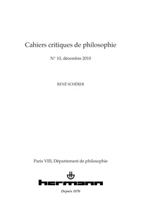 Claudia Barrera - Cahiers critiques de philosophie N° 10, décembre 2010 : René Schérer. 1 DVD