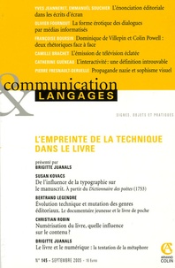 Brigitte Juanals et Susan Kovacs - Communication et Langages N° 145, Septembre 20 : L'empreinte de la technique dans le livre.
