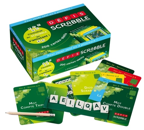 Défis Scrabble. Avec 200 cartes-défis, 1 livret, 1 carnet avec la règle du jeu et 1 crayon avec une gomme