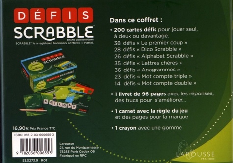 Défis Scrabble. Avec 200 cartes-défis, 1 livret, 1 carnet avec la règle du jeu et 1 crayon avec une gomme