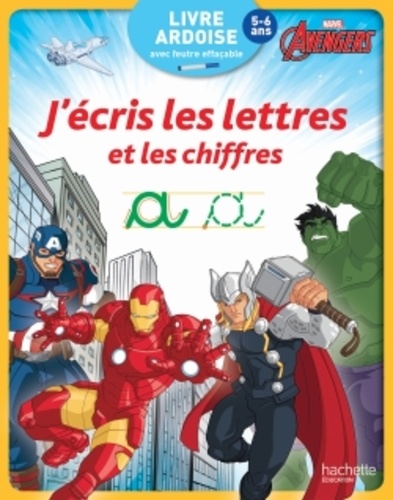  Hachette Education - J'écris les lettres et les chiffres - Livre ardoise Marvel Avengers avec feutre effaçable.