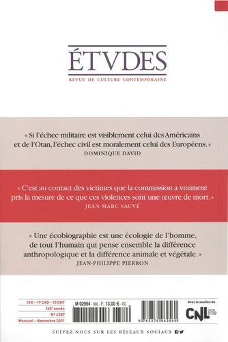 Etudes N° 4287, novembre 2021 Au-delà de la déroute afghane ; Connaître et réparer les abus sexuels dans l'église ; Ecobiographies et écospiritualité