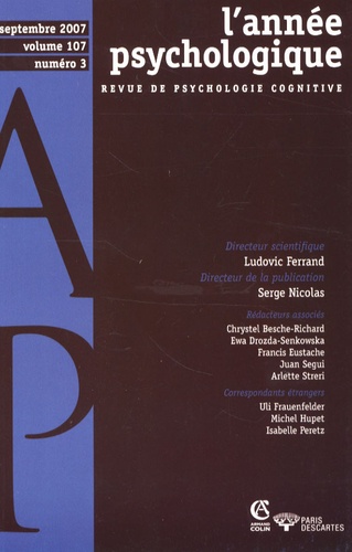 Ludovic Ferrand et Serge Nicolas - L'année psychologique Volume 107 N°3, septembre 2007 : .
