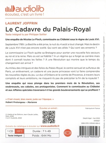 Le cadavre du Palais-Royal. Les enquêtes de Nicolas Le Floch  avec 1 CD audio MP3