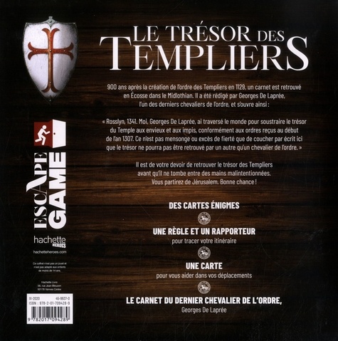 Le trésor des Templiers. Un escape game pour décrypter le mystère des templiers. Avec des cartes énigmes, une règle et un rapporteur, une carte, le carnet du dernier chevalier de l'ordre