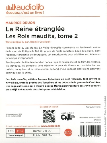 Les Rois maudits Tome 2 La reine étranglée -  avec 1 CD audio MP3