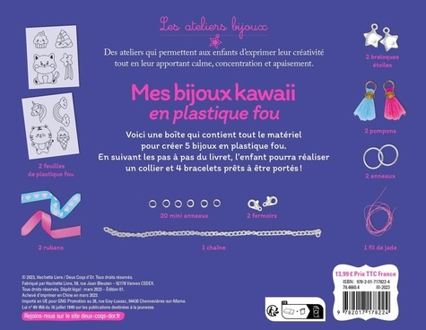 Mes bijoux kawaii en plastique fou. Coffret avec 2 feuilles de plastique fou, 2 rubans, 20 mini anneaux, 2 fermoirs, 1 chaîne, 2 breloques étoiles, 2 pompons, 2 anneaux, 1 fil rose