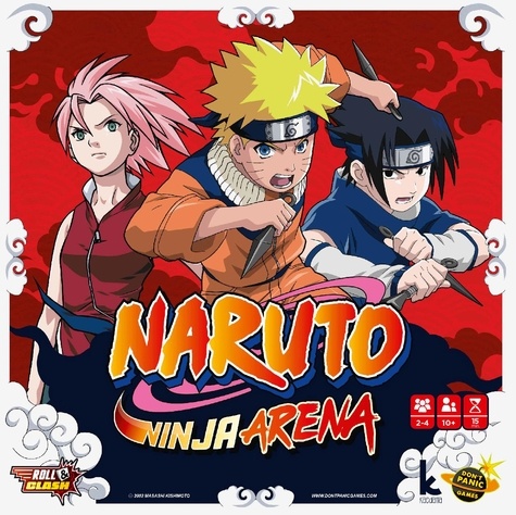 Naruto Ninja Arena. Avec 4 plateaux Ninja, 4 tuiles Pouvoir, 1 grande tuile centrale, 4 dés noir & blancs + 16 dés colorés, 40 pions de dégats, 1 jeton des ombres, 4 cubes de blessure